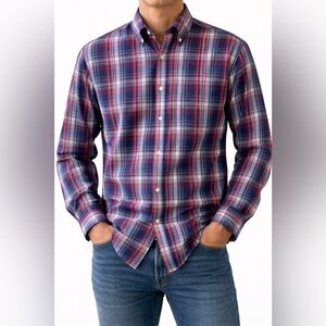 Peter Millar Button Down Plaid 100% Cotton Dress Shirt in Blue & Pink Size Large